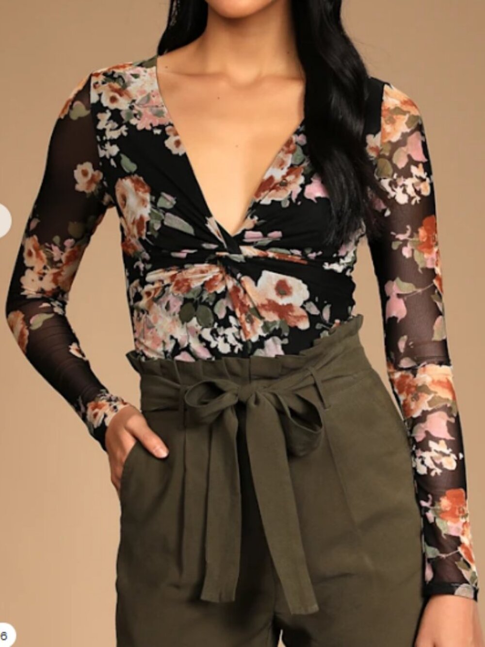 Lulus Majorly Moody Black Floral Twist-front Long Sleeve Mesh Bodysuit - Size M